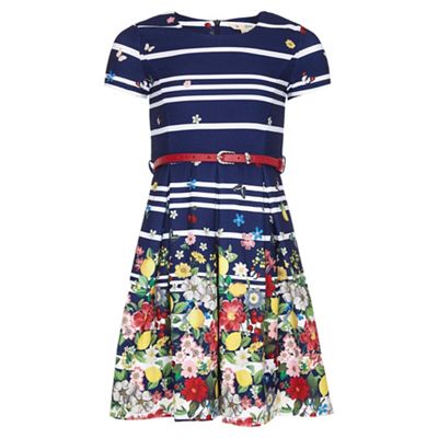 Yumi Girl Navy Floral Stripe Belted Dress